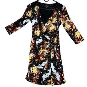 Floral Faux Wrap Ruched Waist 3/4 Sleeve Lined Colorful Career Dress